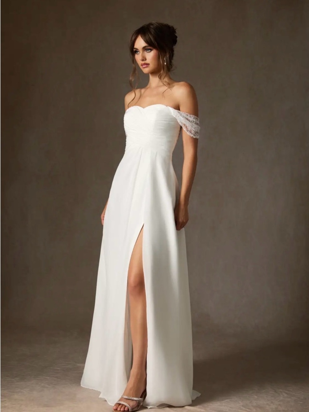 NWT Azazie Off-Shoulder White Maxi Dress with Side Slit